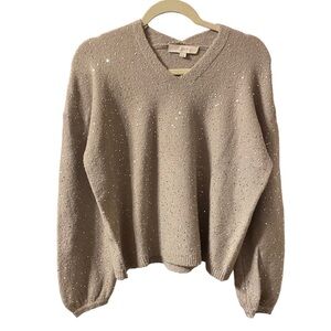 LOFT SILVER SEQUIN V-NECK HOLIDAY SWEATER